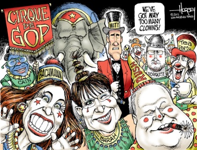 GOP clowns - How come the artist left out the Democratic clowns? They are just as amusing as the Republican clowns????